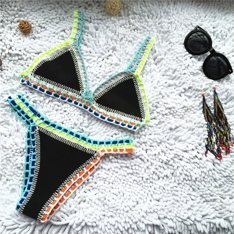 Micro Bikini 2021 Women Handmade Crochet Knit Swimwear Halter Patchwork Bathing Suit Swimsuit Biquini Thong Bikini traje de bano (Copy) (Copy)