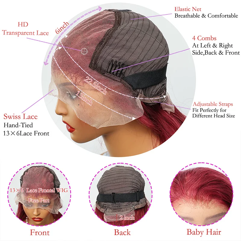 Burgundy 13x6 HD Lace Frontal Human Hair Wig Straight 99J Colored 200% Human Hair Wig 100%  Real Hair Wig Pre Plucked Wine Red - Image 6