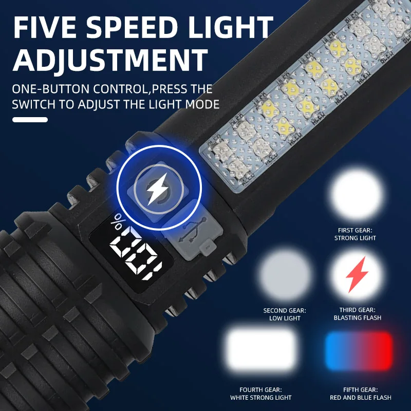 Portable Rechargeable High Power LED Flashlights With Display Screen Zoom Tactical Torch Lamp with Emergency Side Lights Lantern - Image 4