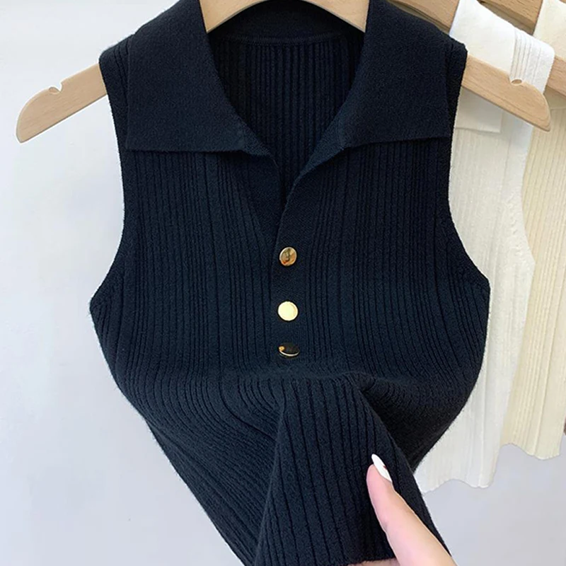 Winter Korean Fashion Sleeveless Sweaters Casual Simple Pullover Vest Casual Sexy Commuting Sweet Button Lapel Vest For Women - Image 6