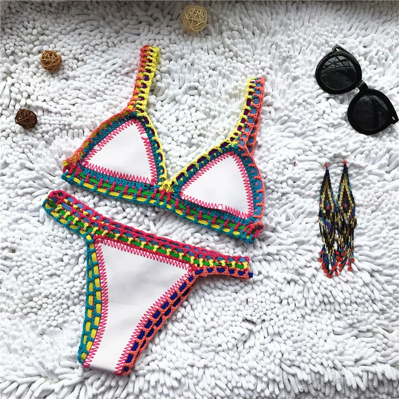 Micro Bikini 2021 Women Handmade Crochet Knit Swimwear Halter Patchwork Bathing Suit Swimsuit Biquini Thong Bikini traje de bano (Copy) (Copy) - Image 4