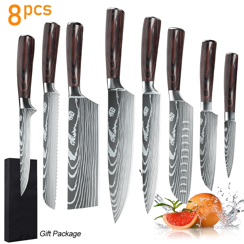 8/10pcs Gift Japanese Kitchen Knives Set Laser Damascus Pattern Chef Knife High Carbon Stainless Steel Sharp Fruit Slicing Knife - Image 7