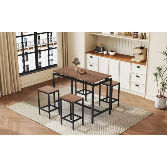 TREXM 5Piece Compact Bar Table Set with Table and Stools Modern Industrial Design SpaceSaving Furniture for Dining Room and Bre