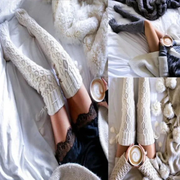 Knitted Wool Socks for Women with Hairball Long Tube Knee Stacking Womens Socks