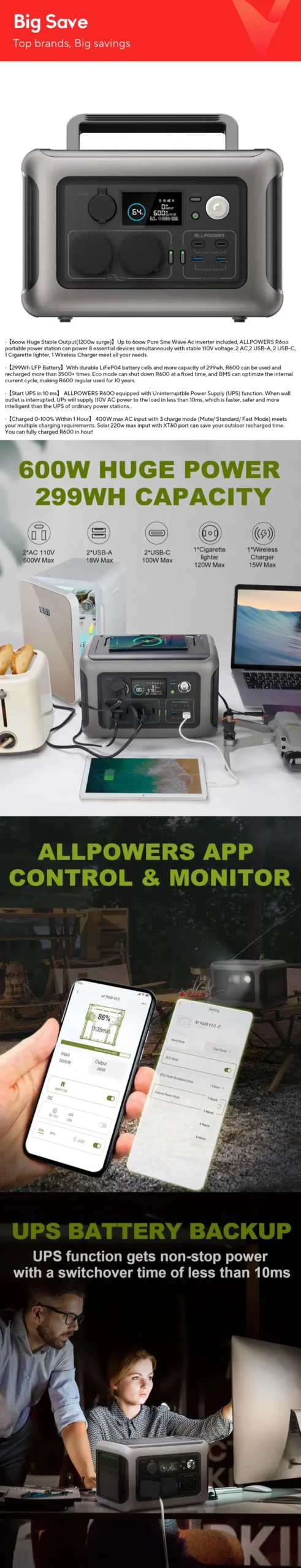 ALLPOWERS Portable Power Station R600, 299Wh LiFeP04 Battery with 2x 600W (1200W Surge) AC Outlets for Outdoor Camping RV Home - Image 8