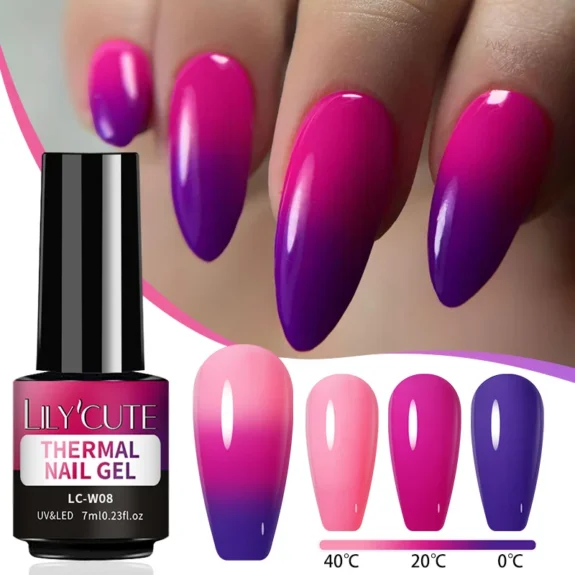 LILYCUTE Thermal Nail Gel Polish Pink Red Dark Purple Gradient Manicure 3 Layers Temperature Color Changing Nail Art Gel Varnish