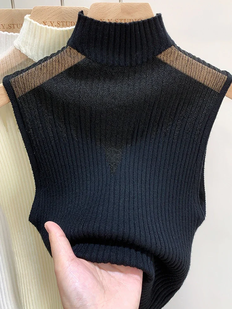 2025 Mesh Knitted Top Women Y2K Tank Top Half Neck Vest Female Sleeveless Sweater Chic Cut Out Streetwear Solid Skinny Tube Top - Image 3