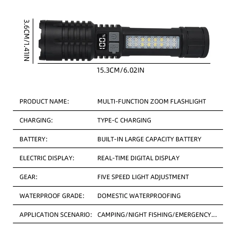 Portable Rechargeable High Power LED Flashlights With Display Screen Zoom Tactical Torch Lamp with Emergency Side Lights Lantern - Image 2