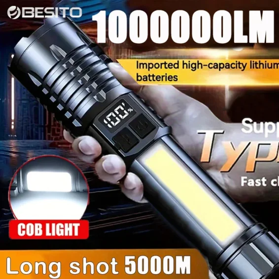 Portable Rechargeable High Power LED Flashlights With Display Screen Zoom Tactical Torch Lamp with Emergency Side Lights Lantern