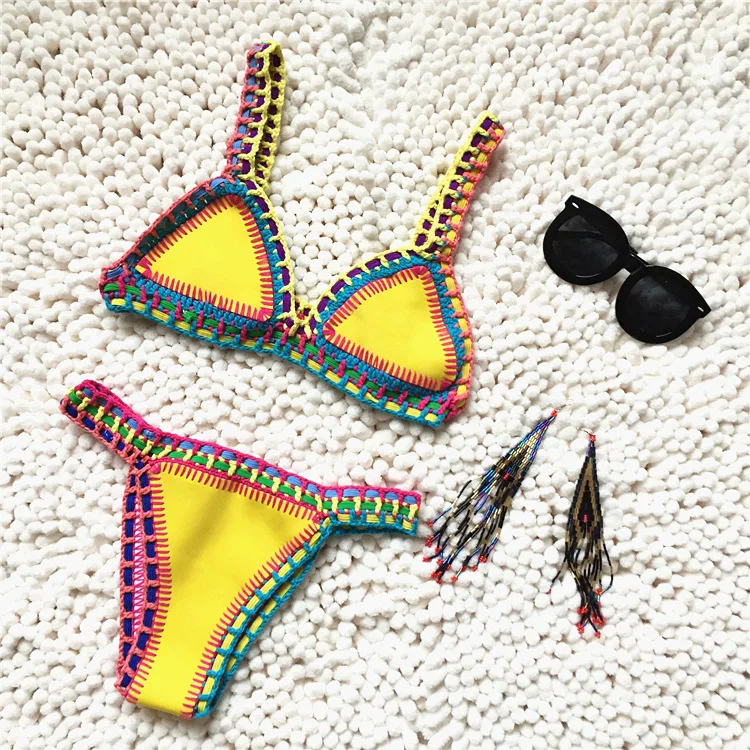 Micro Bikini 2021 Women Handmade Crochet Knit Swimwear Halter Patchwork Bathing Suit Swimsuit Biquini Thong Bikini traje de bano (Copy) (Copy) - Image 5