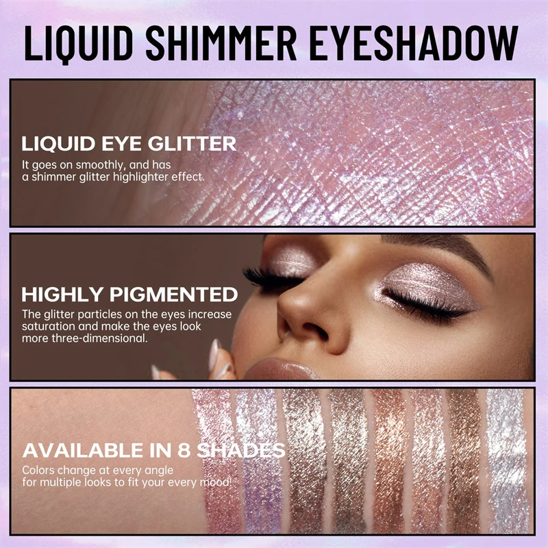 8 Colors Pearlescent Liquid Eyeshadow Fine Shimmer Highlight Glitter Eye Shadow High Shine Long-Lasting & Smudge-Proof Makeup - Image 6