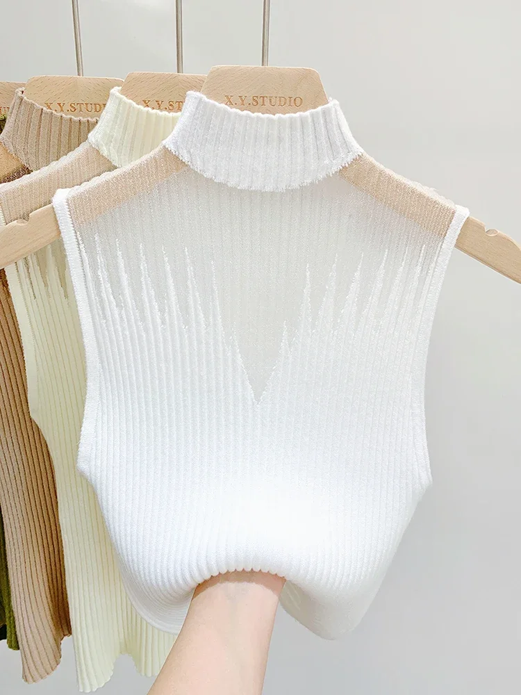2025 Mesh Knitted Top Women Y2K Tank Top Half Neck Vest Female Sleeveless Sweater Chic Cut Out Streetwear Solid Skinny Tube Top - Image 4