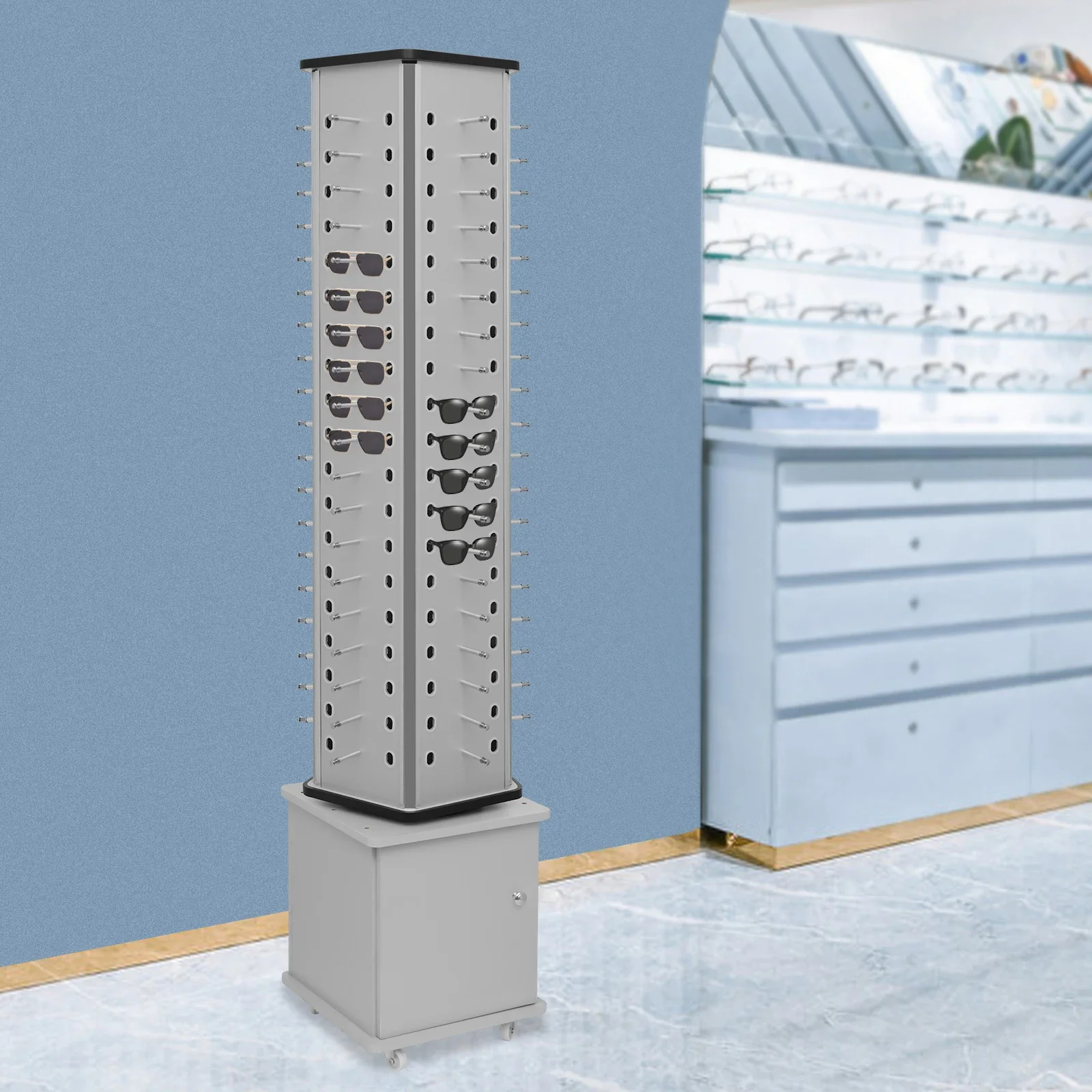 Rotating Glasses Display Stand – Silver Floor Stand with Aluminum-Plastic Plate for Sunglasses and Eyewear - Image 3