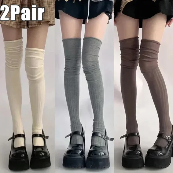 2pairs Women's Knee-length Socks Ladies Thigh-length SocksWarm Knitted Boot Socks Leg Warmers Japan JK Cotton Thigh High Bottoms