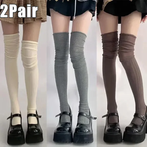 2pairs Women's Knee-length Socks Ladies Thigh-length SocksWarm Knitted Boot Socks Leg Warmers Japan JK Cotton Thigh High Bottoms