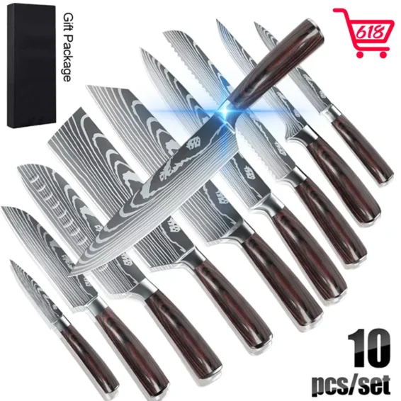 8/10pcs Gift Japanese Kitchen Knives Set Laser Damascus Pattern Chef Knife High Carbon Stainless Steel Sharp Fruit Slicing Knife