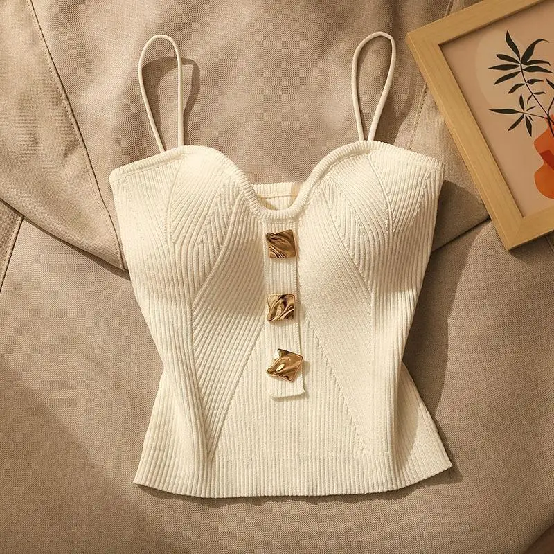 Women Knitted Camis Tank Cropped Tops Summer Fashion Lady Metallic Gold Button Slim Y2K Tube Camisole Vests TSNFS-AM0333
