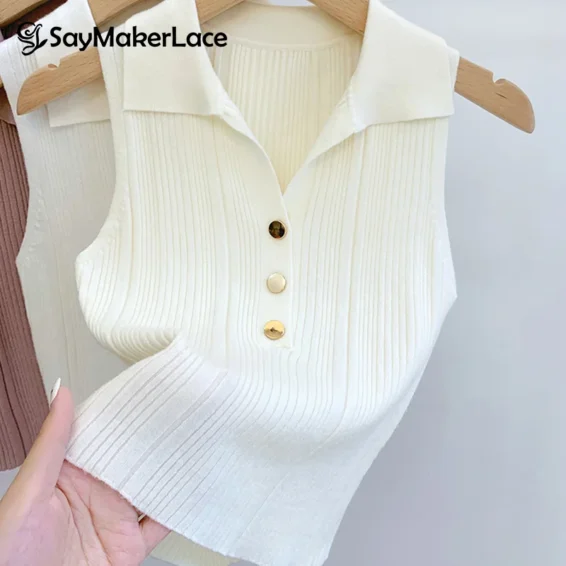 Winter Korean Fashion Sleeveless Sweaters Casual Simple Pullover Vest Casual Sexy Commuting Sweet Button Lapel Vest For Women