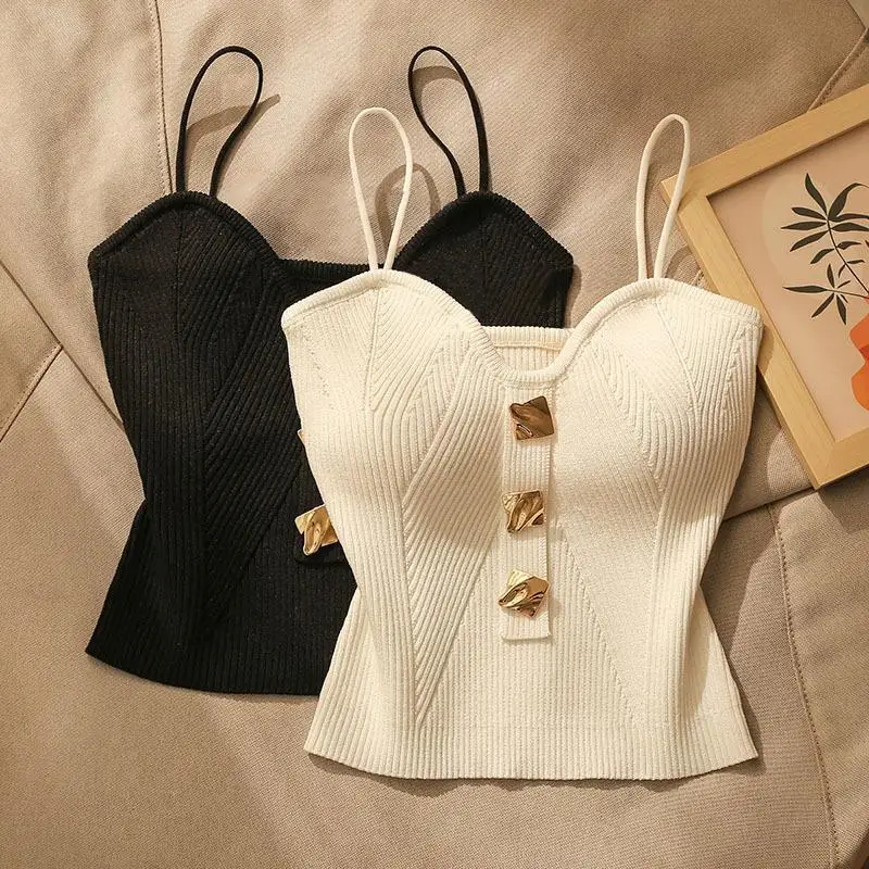 Women Knitted Camis Tank Cropped Tops Summer Fashion Lady Metallic Gold Button Slim Y2K Tube Camisole Vests TSNFS-AM0333 - Image 3