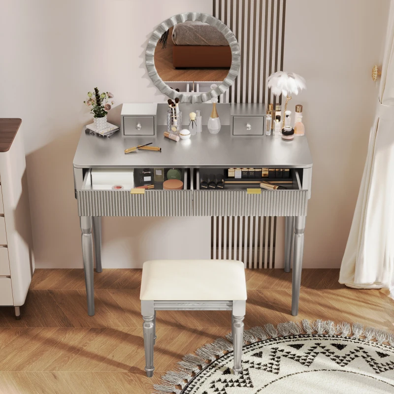 Vanity Desk With Round Mirror Height-Adjustable  Stylish Dressing Table Set  4 Drawers & Stool  Siervanity-desk - Image 2