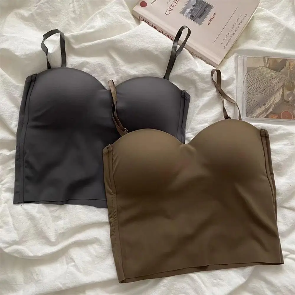 Women Crop Tops Sexy Solid Color Camisole Ice Silk Tube Top Seamless Sports Tank Top Wireless Underwear Padded Bra Bralette Vest - Image 4