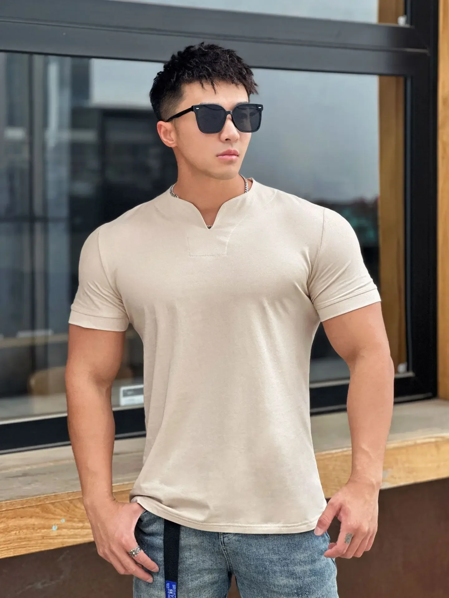 Mens Clothing New Fashion V neck Short Sleeve T Shirt Men Slim Fit T-shirt Men cotton Casual Summer Gym Fitness Tee shirt - Image 5