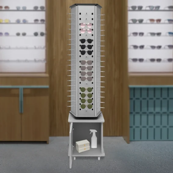 Rotating Glasses Display Stand – Silver Floor Stand with Aluminum-Plastic Plate for Sunglasses and Eyewear