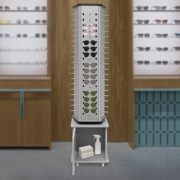 Rotating Glasses Display Stand – Silver Floor Stand with Aluminum-Plastic Plate for Sunglasses and Eyewear