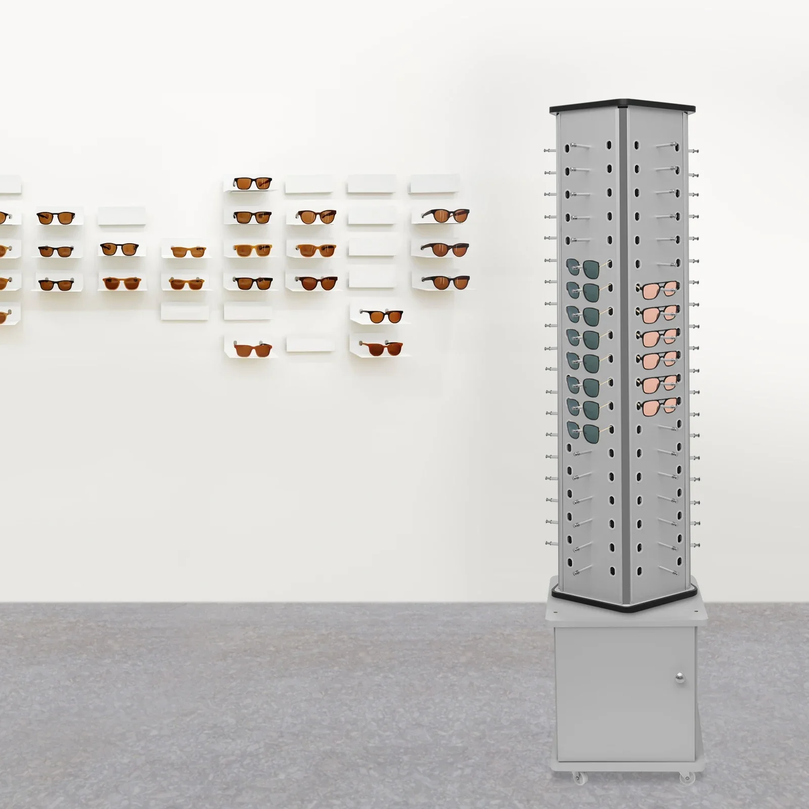 Rotating Glasses Display Stand – Silver Floor Stand with Aluminum-Plastic Plate for Sunglasses and Eyewear - Image 2