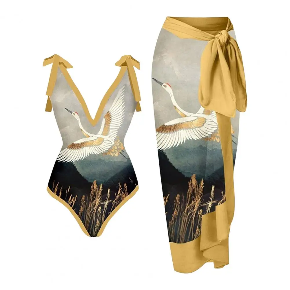 1 Set Women Monokini Printed Strap Backless Vintage Retro Pool Wearing Polyester Lady Beach Monokini with Long Dress Surf Clothi - Image 9