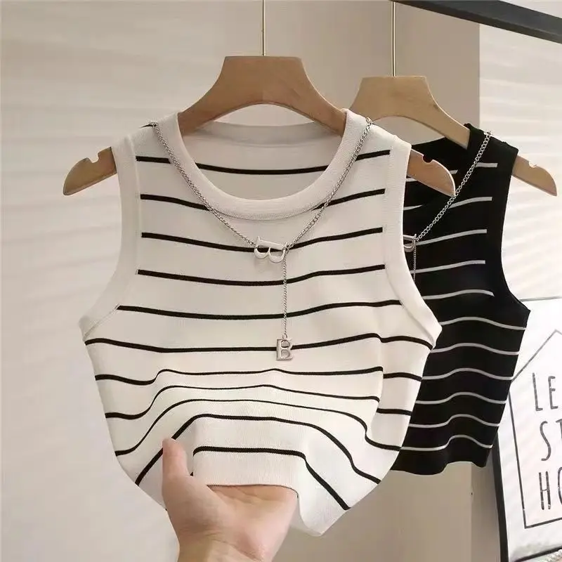 New waistcoat women wear striped wide edge temperament summer top short knit sleeveless bottom shirt - Image 2