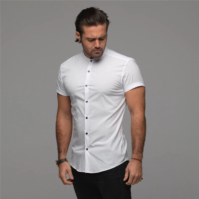 Mens Short Sleeve Shirt Summer Plain Slim Fit Dress Shirts Fitness Men Gym Clothing Fashion Casual Social Stand Business Shirts - Image 6