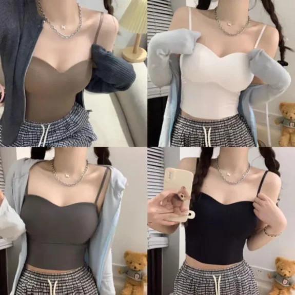Women Crop Tops Sexy Solid Color Camisole Ice Silk Tube Top Seamless Sports Tank Top Wireless Underwear Padded Bra Bralette Vest