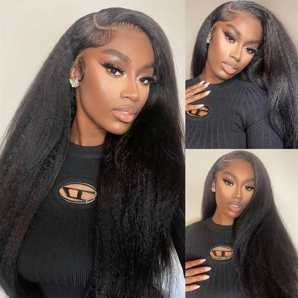 100% Human Hair Kinky Straight 13x6 HD Lace Frontal Human Hair Wig Indian Transparent Lace Front Wig For Women PrePlucked 200% - Image 4