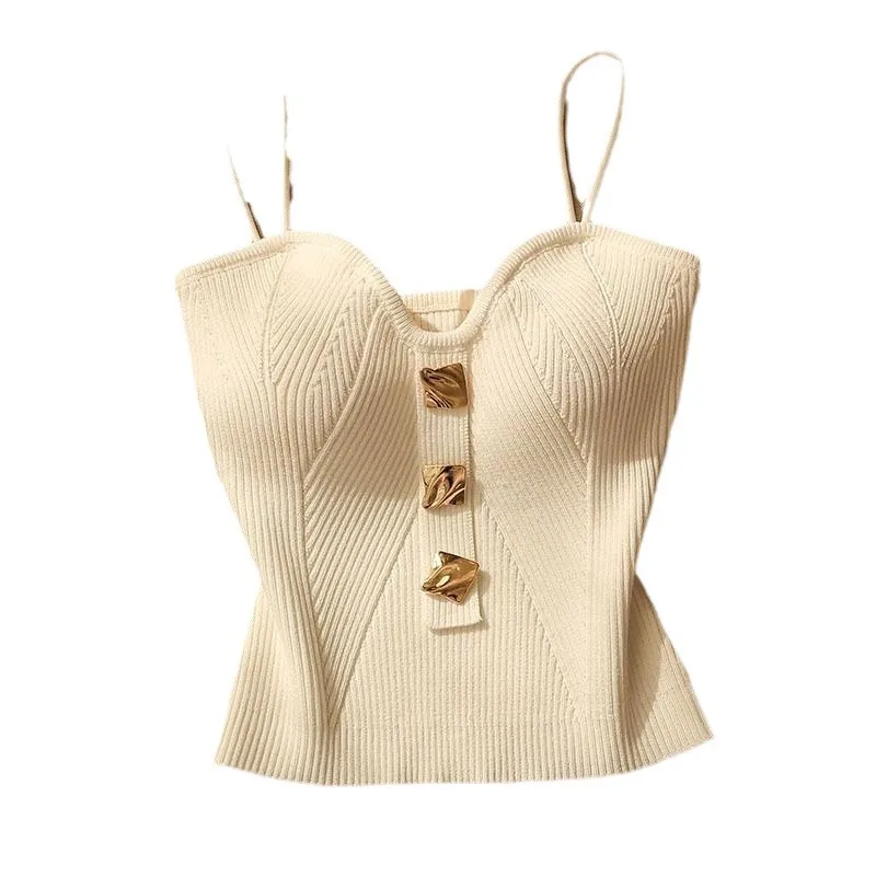 Women Knitted Camis Tank Cropped Tops Summer Fashion Lady Metallic Gold Button Slim Y2K Tube Camisole Vests TSNFS-AM0333 - Image 5