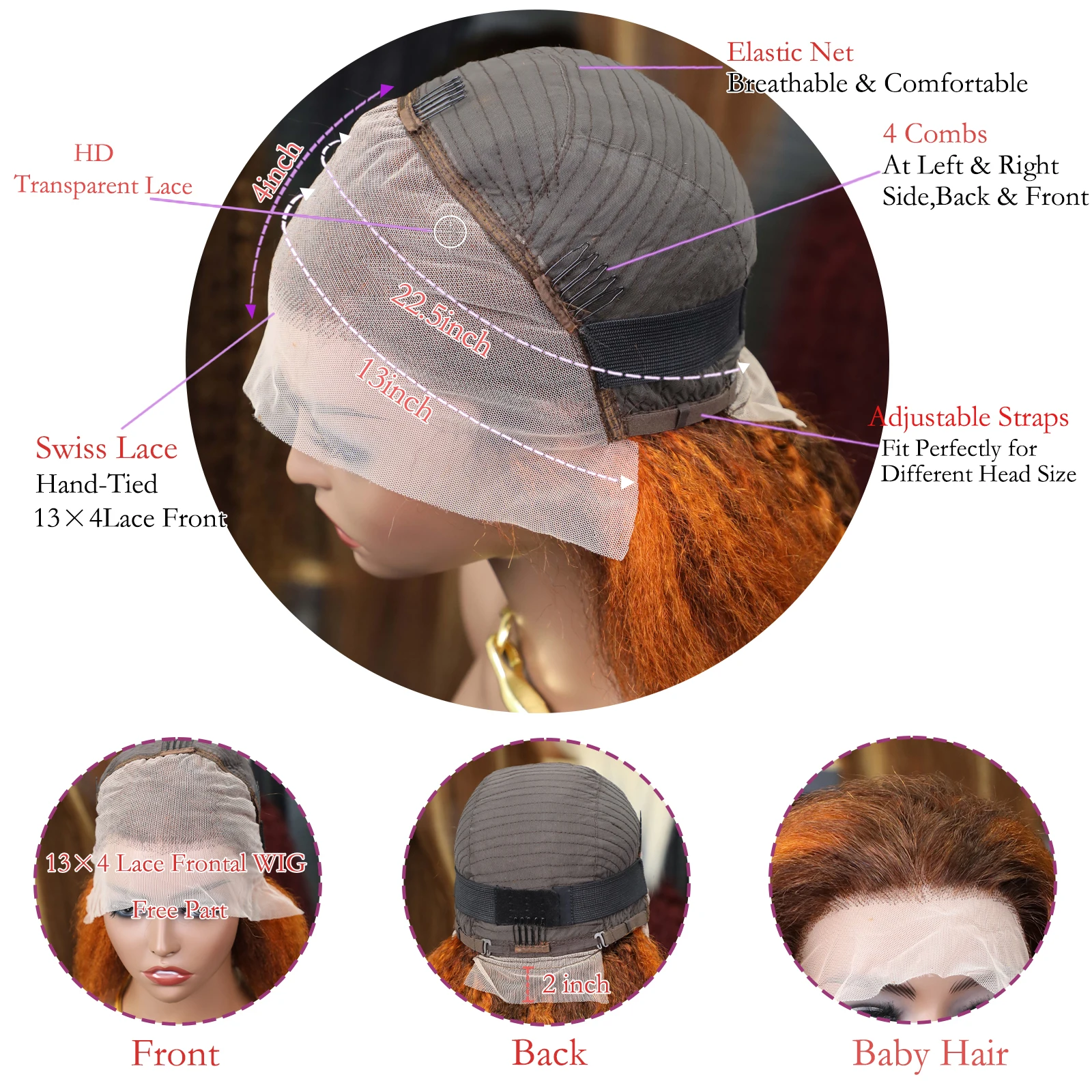 Kinky Straight 4/350 Highlight 13x4 Lace Frontal Human Hair Wigs Brazilian Ombre Blonde Piano Color Short Bob Wig Yaki Hair 200% - Image 6