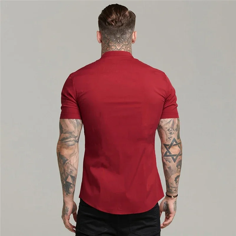 Mens Short Sleeve Shirt Summer Plain Slim Fit Dress Shirts Fitness Men Gym Clothing Fashion Casual Social Stand Business Shirts - Image 5