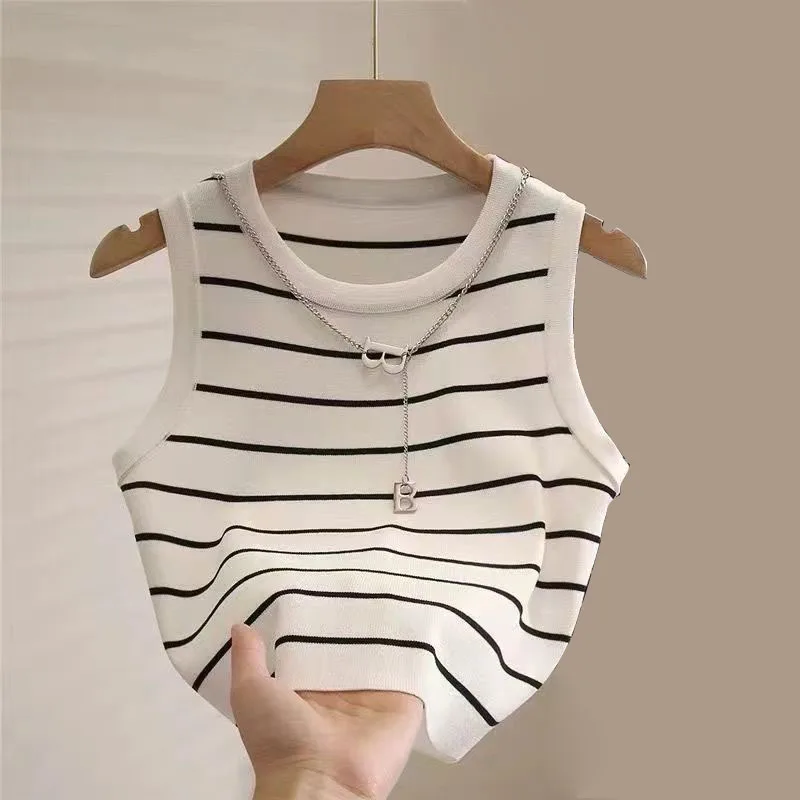 New waistcoat women wear striped wide edge temperament summer top short knit sleeveless bottom shirt - Image 7