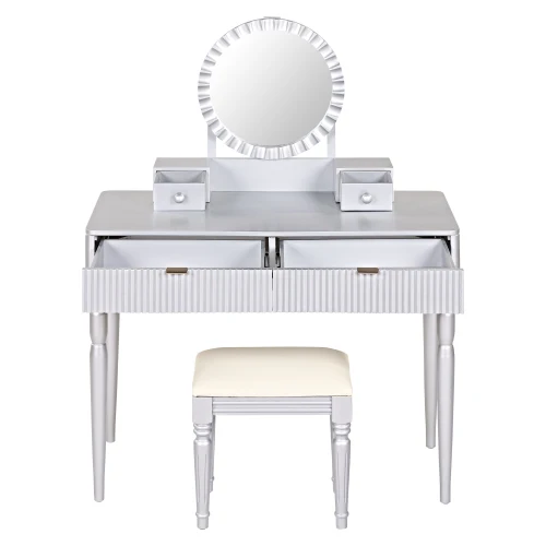 Vanity Desk With Round Mirror Height-Adjustable  Stylish Dressing Table Set  4 Drawers & Stool  Siervanity-desk - Image 4