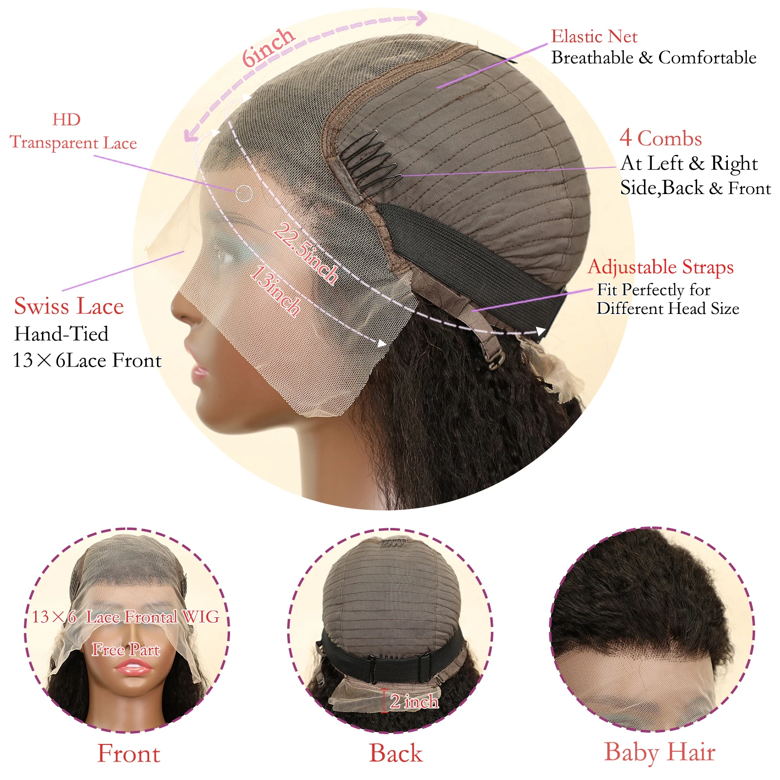 100% Human Hair Kinky Straight 13x6 HD Lace Frontal Human Hair Wig Indian Transparent Lace Front Wig For Women PrePlucked 200% - Image 6