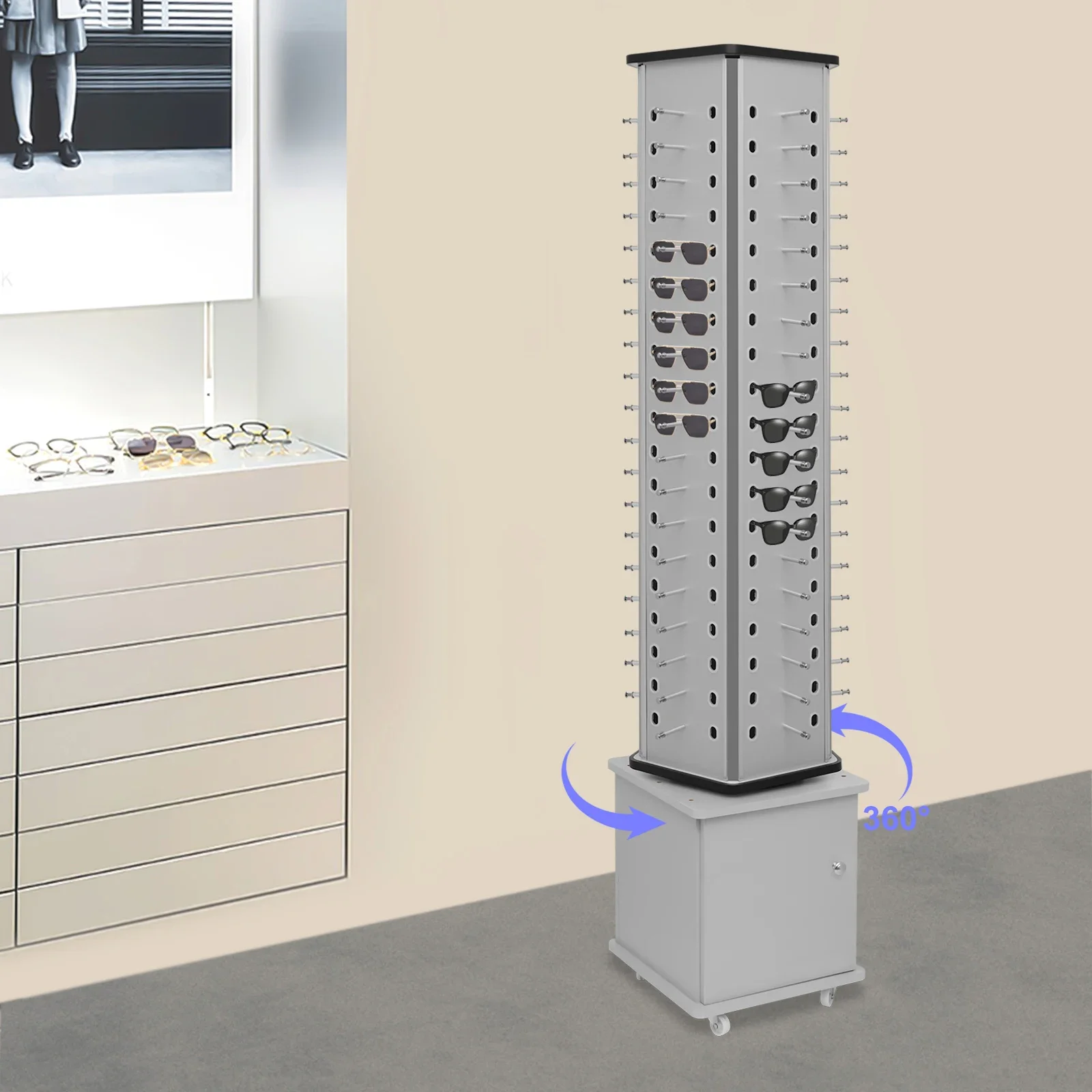 Rotating Glasses Display Stand – Silver Floor Stand with Aluminum-Plastic Plate for Sunglasses and Eyewear - Image 6