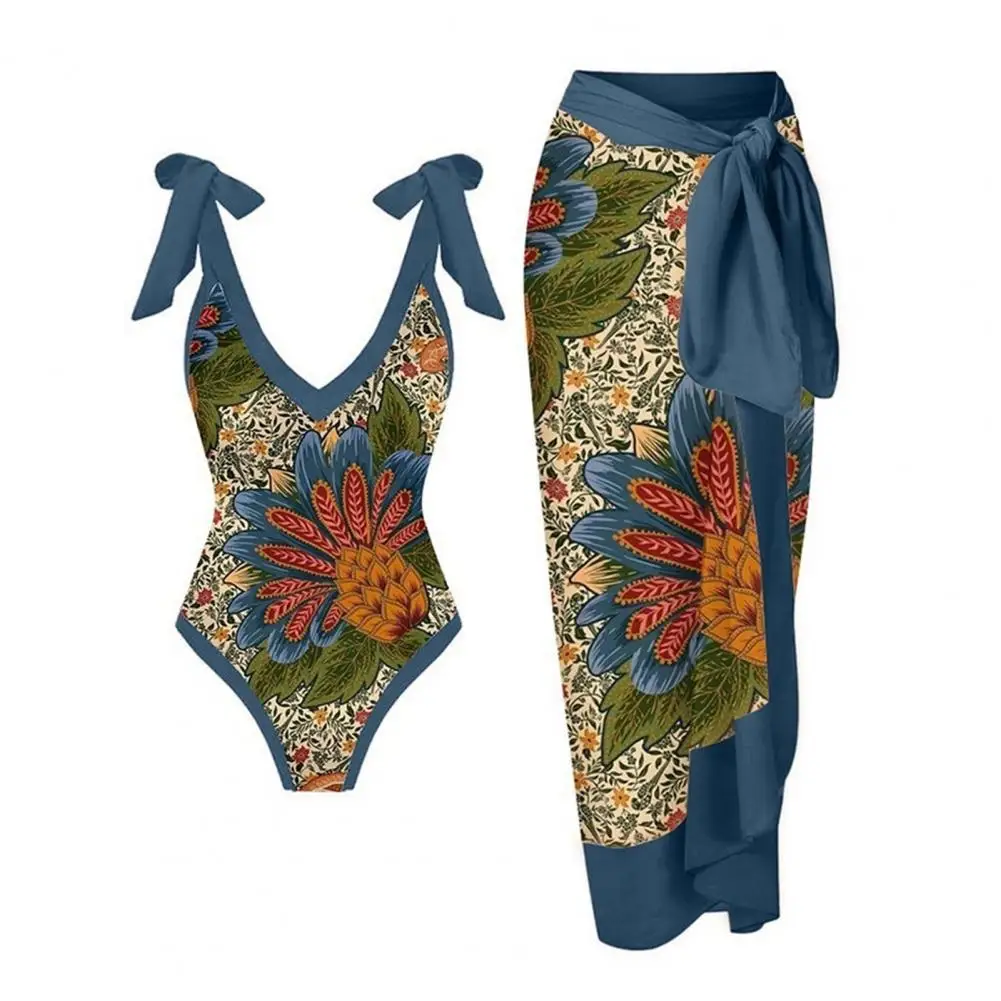1 Set Women Monokini Printed Strap Backless Vintage Retro Pool Wearing Polyester Lady Beach Monokini with Long Dress Surf Clothi - Image 10