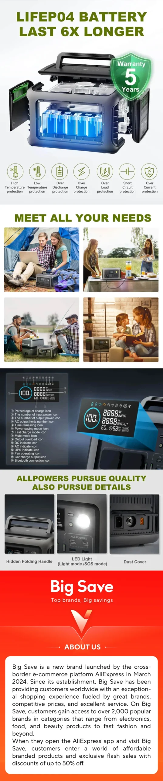 ALLPOWERS Portable Power Station R600, 299Wh LiFeP04 Battery with 2x 600W (1200W Surge) AC Outlets for Outdoor Camping RV Home - Image 9