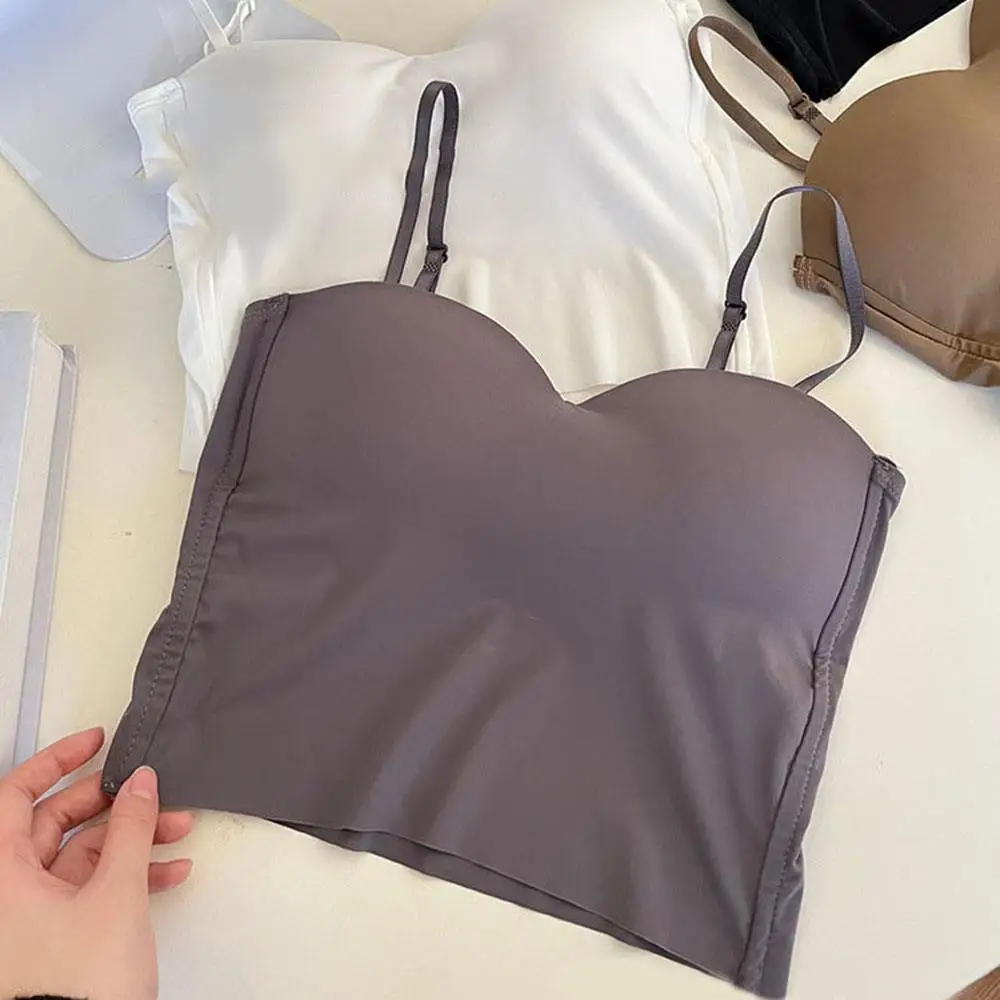 Women Crop Tops Sexy Solid Color Camisole Ice Silk Tube Top Seamless Sports Tank Top Wireless Underwear Padded Bra Bralette Vest - Image 5