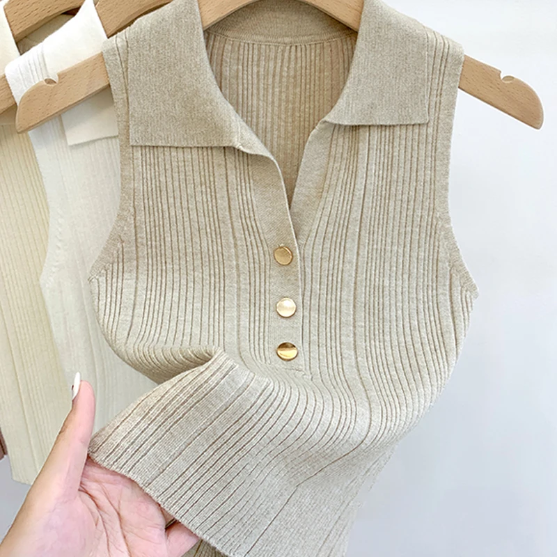 Winter Korean Fashion Sleeveless Sweaters Casual Simple Pullover Vest Casual Sexy Commuting Sweet Button Lapel Vest For Women - Image 2