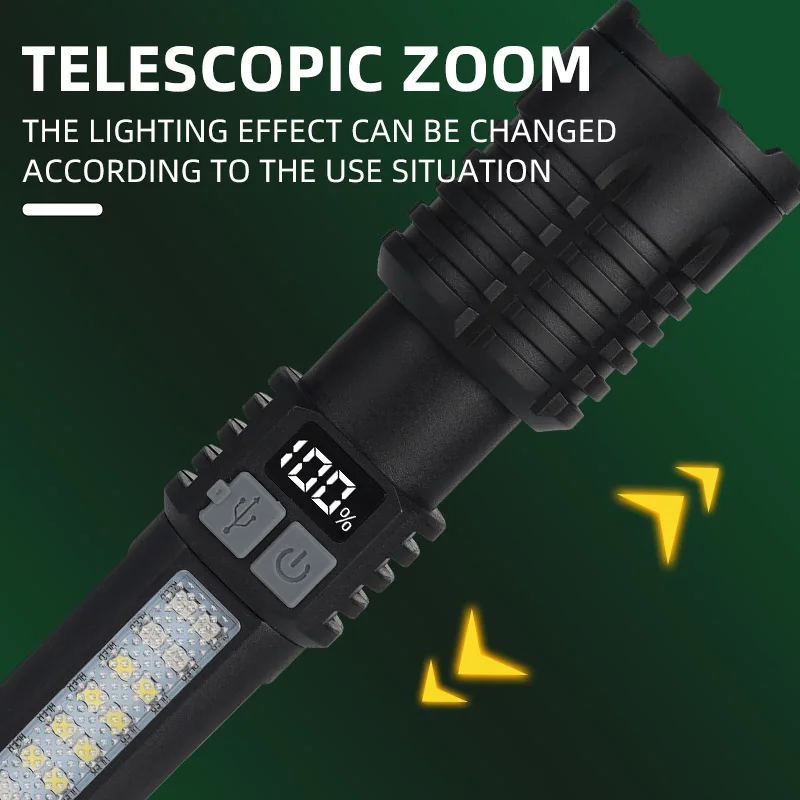 Portable Rechargeable High Power LED Flashlights With Display Screen Zoom Tactical Torch Lamp with Emergency Side Lights Lantern - Image 5