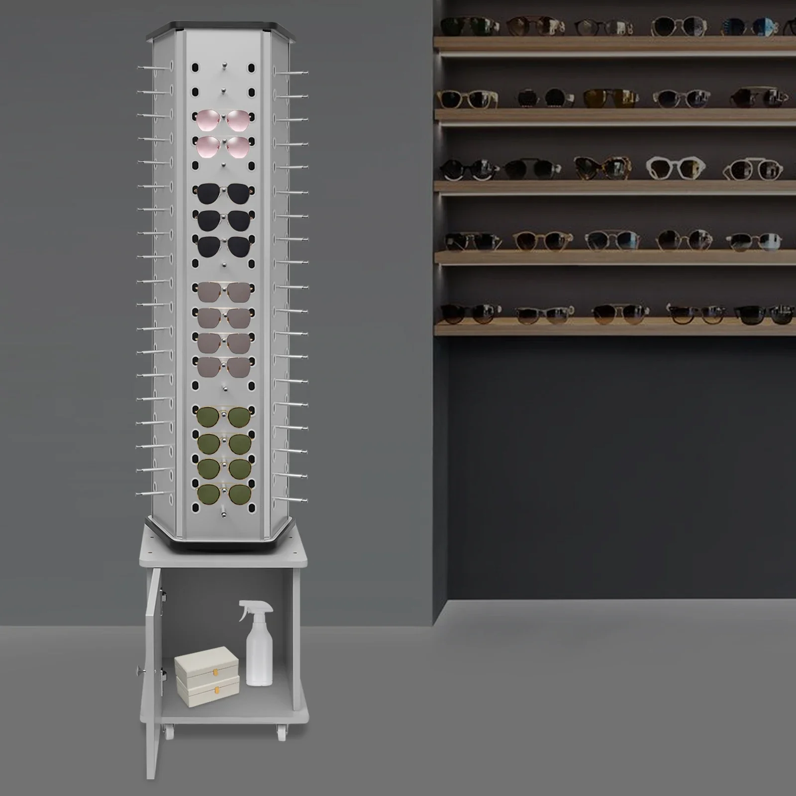 Rotating Glasses Display Stand – Silver Floor Stand with Aluminum-Plastic Plate for Sunglasses and Eyewear - Image 4