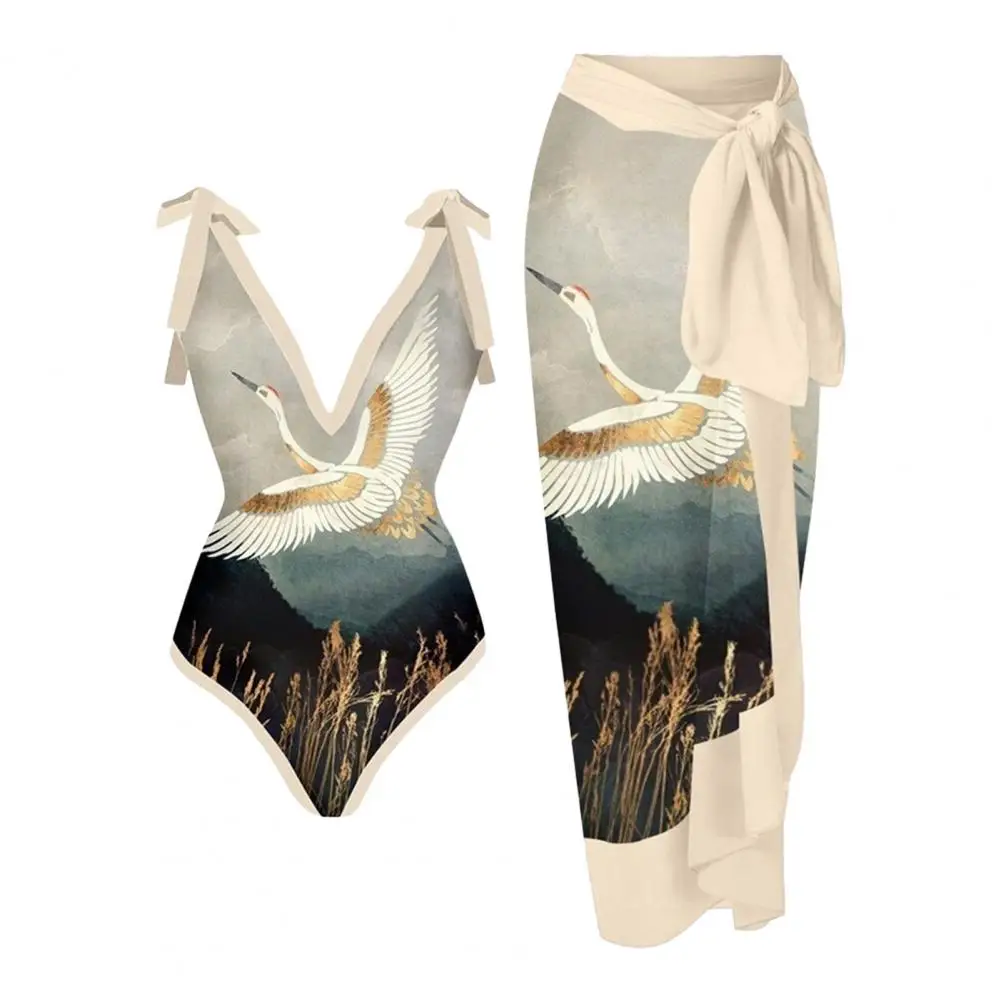 1 Set Women Monokini Printed Strap Backless Vintage Retro Pool Wearing Polyester Lady Beach Monokini with Long Dress Surf Clothi - Image 7