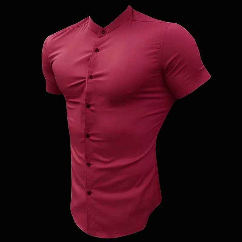 Mens Short Sleeve Shirt Summer Plain Slim Fit Dress Shirts Fitness Men Gym Clothing Fashion Casual Social Stand Business Shirts - Image 7