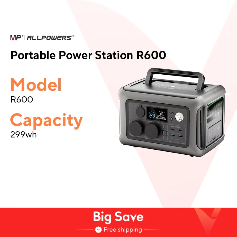 ALLPOWERS Portable Power Station R600, 299Wh LiFeP04 Battery with 2x 600W (1200W Surge) AC Outlets for Outdoor Camping RV Home
